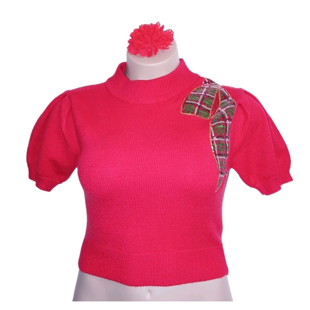 Peach Love Christmas Bow Sweater XS Red Women Sequins Holiday Plaid Puff Sleeve